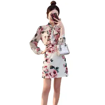 

Chic Elegant 2 Piece Set Women Spring Autumn Fashion Long Sleeve Blouse Shirt+Button Mini Skirt Set Floral Printed 2pcs Suit J61