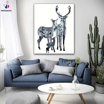 

DIY Painting by numbers Forest deer silhouette brown bear girl picture coloring paints by numbers with kits for wall decor