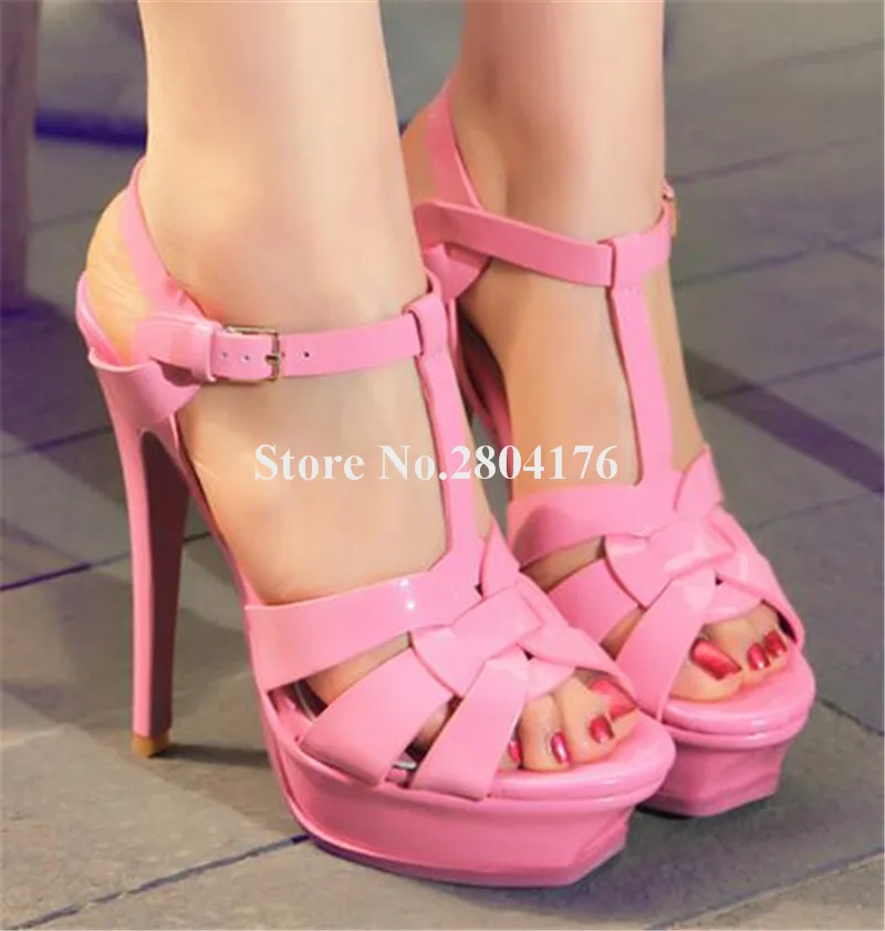 Sandalias de plataforma alta de charol para mujer, zapatos de tacón alto  con tiras en el tobillo, en colores caramelo, rosa, amarillo y rojo, para  Club|Sandalias de mujer| - AliExpress