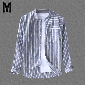 

New Shirts Men 2019 55%Linen 45%Cotton Striped Long Sleeve Shirt Breathable Cool Causal Clothes Y1659