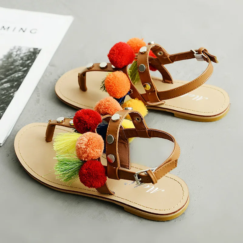 

Women Sandals Flat Heel Bohemian Ethnic Wind 2019 New Women's Summer Sandals Tassels Colorful Lady Fashion Sandal Pompon 35-40