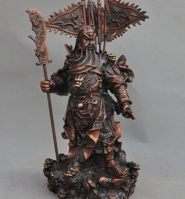 

11" Chinese Bronze 9 Dragon guangong guanyu Generals Warrior Statue Sculptures
