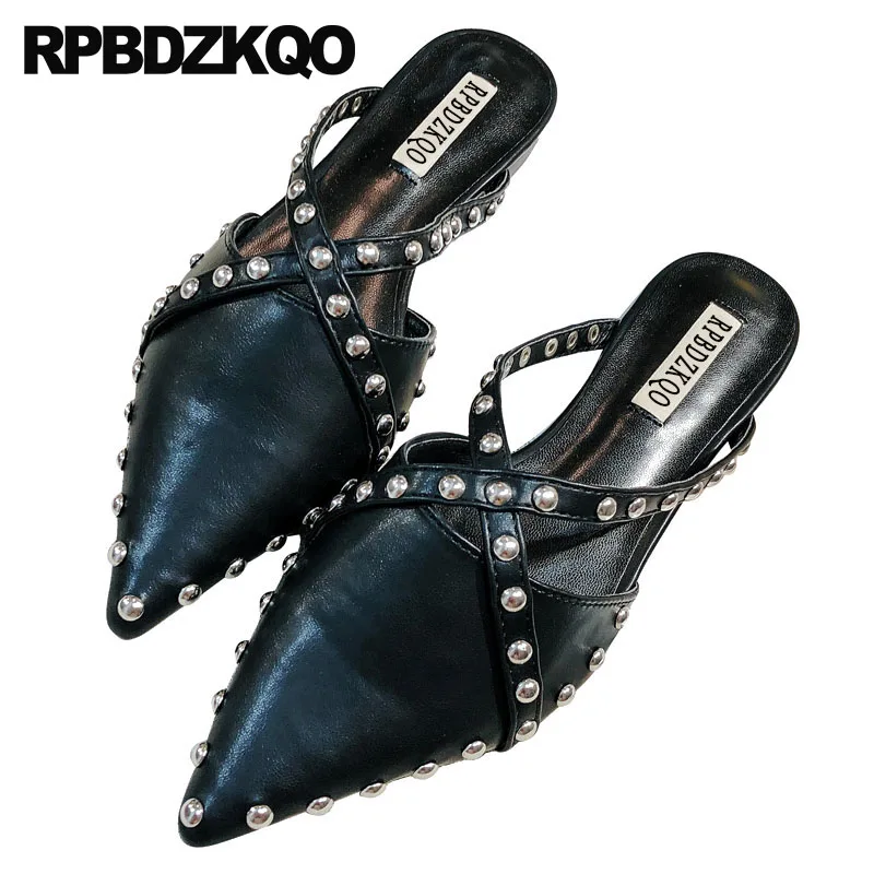 

rivet footwear studded 5 mules leather pointed toe slides ladies autumn slippers designer brand luxury women shoes 2018 black