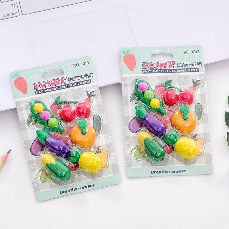 

6 Set/Lot Fruits And Vegetables Blister-Card Rubber Eraser Suit / Creative Stationery/ Children Student School Prize Gift