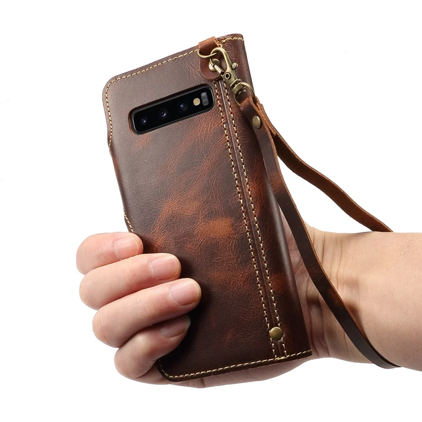 Hot Natural Real Genuine Leather Wallet Case for Samsung Galaxy S10 Plus Lite S10e S10+ Phone Bag Retro Vintage Flip Cover Clasp