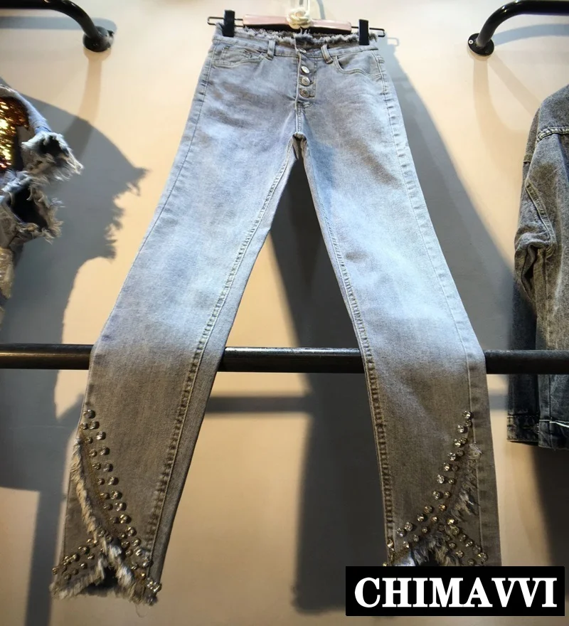

European 2019 Autumn New Heavy Beads Diamond High Waist Slim Fit Skinny Jeans Pants Female Stretch Pencil Pants Denim Trousers