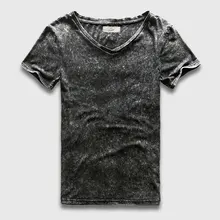 Zecmos Vintage Black T-Shirt Men China Size Fashion Heavy Washed T Shirts For Men Slim Fit V Neck Top Tees Male Short Sleeve
