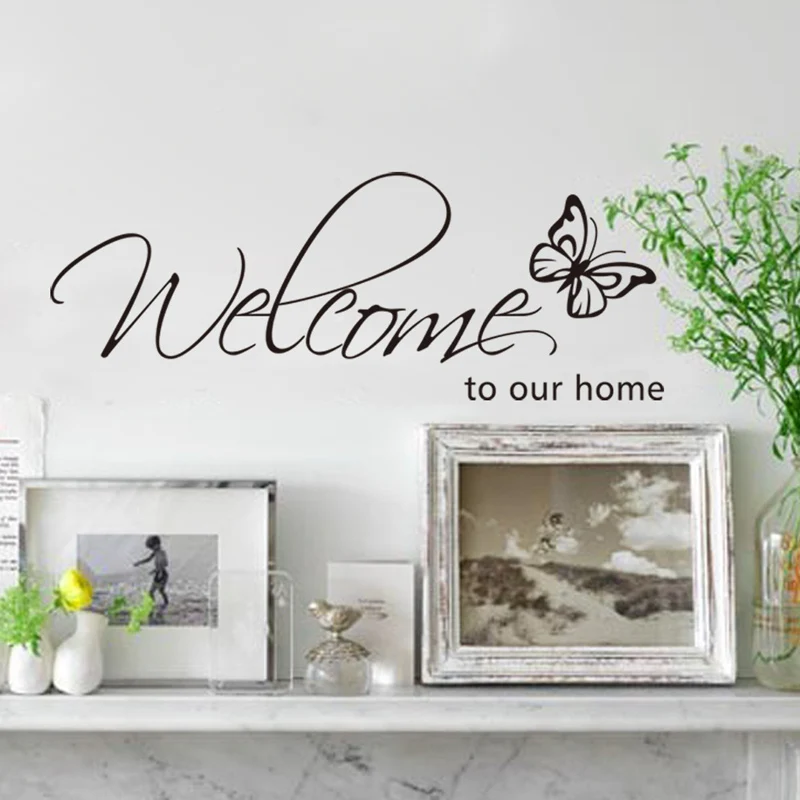 «Добро пожаловать в наш дом» текстовые узоры настенные стикеры домашний Декор Гостиная наклейки обои спальня декоративные бабочки стикер s