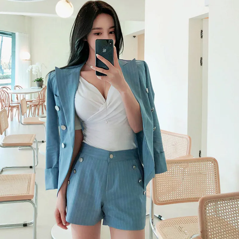 

2019 Korean Style Striped Women Short Suits 2 Pieces Set Sashes Blazer Jacket+Front Buttons Shorts Summer Female Pants Suit
