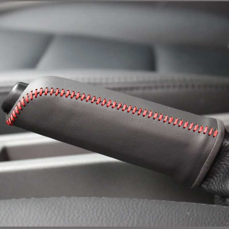 Genuine Leather Hand Brake Cover Protective Sleeve For Ford Focus 2 Black(Red line Stitching