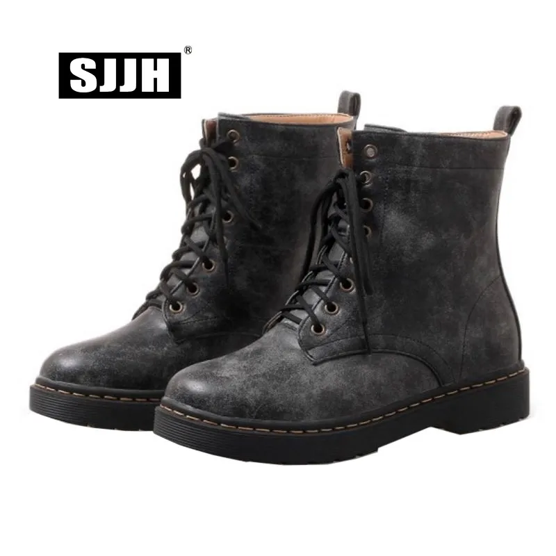 SJJH Women Flat Ankle Boots with Round Toe Winter Lace-up Short Plush Martin Boots Fashion Casual Working Shoes Large Size A909