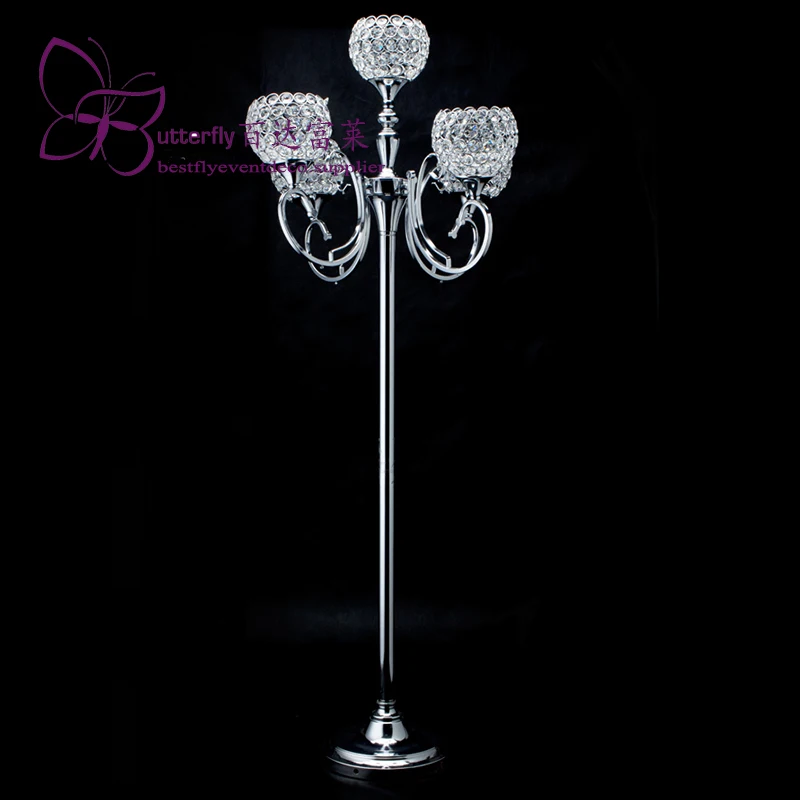 4FT Floor Standing Crystal Bowl 5 Arm Globe Candelabras Silver