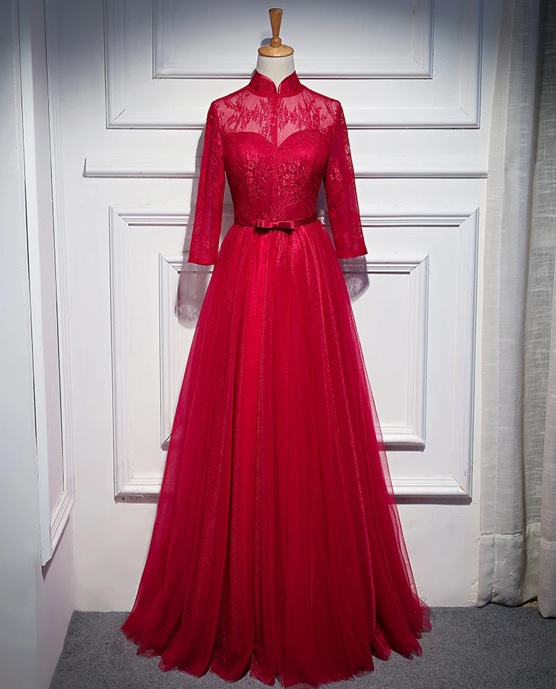 

Wine Red Small High Neck A Line Illusion Long Evening Dresses 2018 Embroidery Half Sleeves Lace up Formal Evening Dress