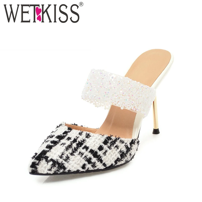 

WETKISS Summer High Heels Women Slippers 2018 New Party Elegant Female Mules Shoes Pointed Toe Crystal Thin Heel Slides Footwear