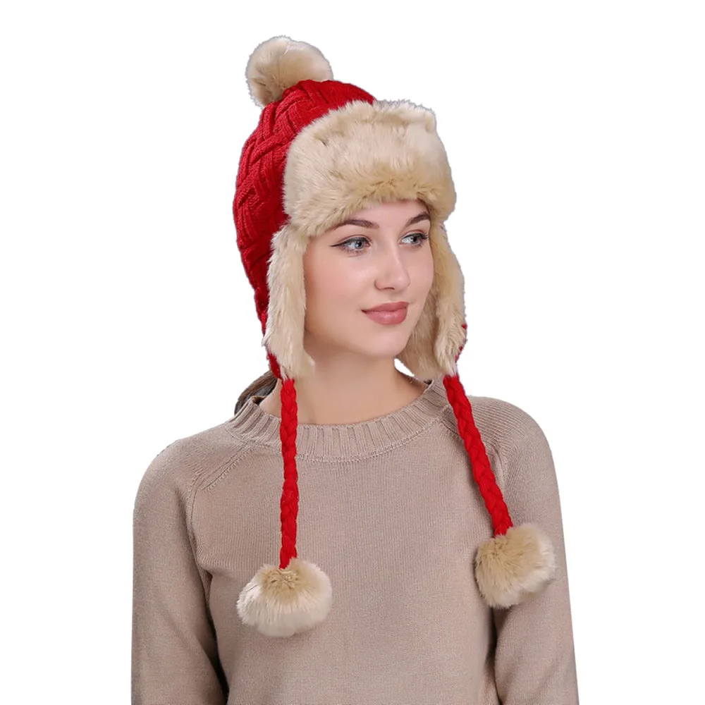 FEITONG/теплая женская зимняя шапка с ушками, зимняя Лыжная Толстая Вязаная Шерстяная Круглая Шапочка, шапка ручной работы, мягкая шапка, вязанная крючком Lei Feng