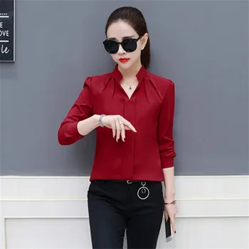 

2019 Women Sexy V-neckline Chiffon Blouse Ladies Long Sleeve Pleated Shirts Elegant Plus Size Stylish Office Blouse
