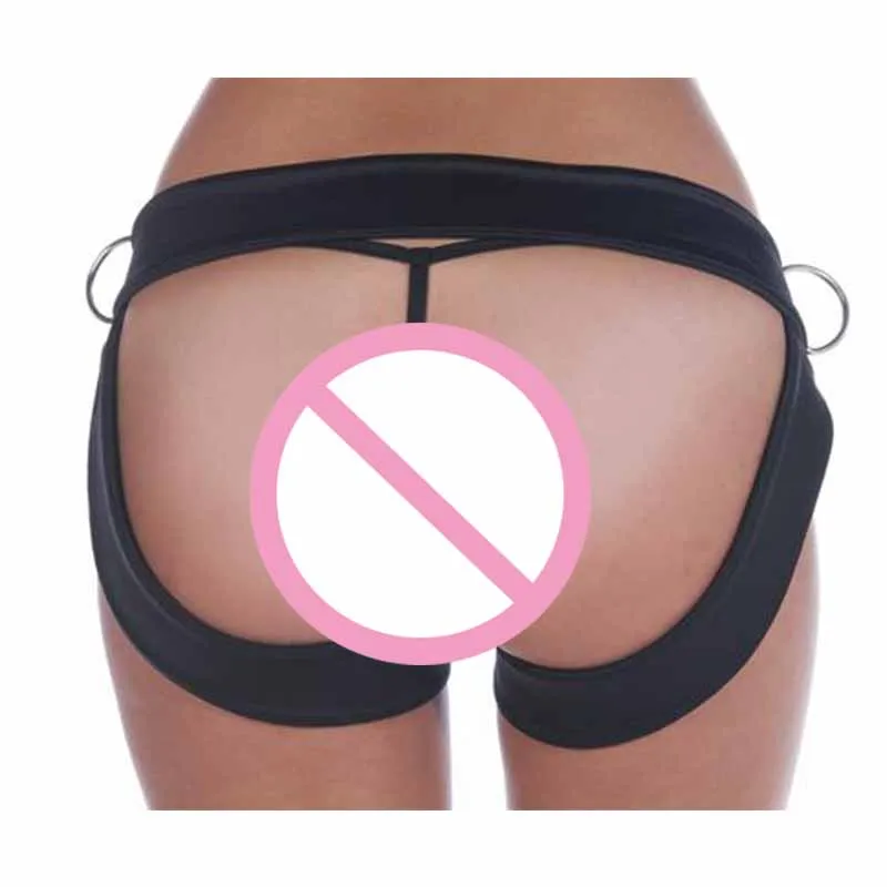 FP110-1 Sexy Punk Crotchless Panties Women Chastity Belt Faux Leather Buckle Design Exotic Black Lingerie Femme Erotic Briefs Bandage Open Crotch Nightwear (2)