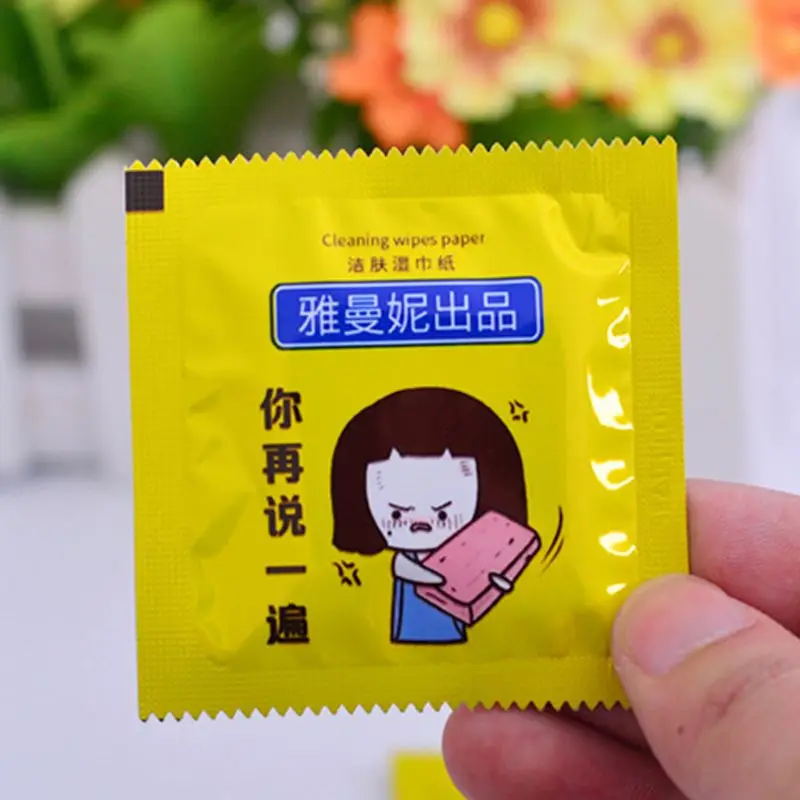 Мультфильм презерватив форма влажные салфетки ткани индивидуально обернутый алоэ эссенция портативный