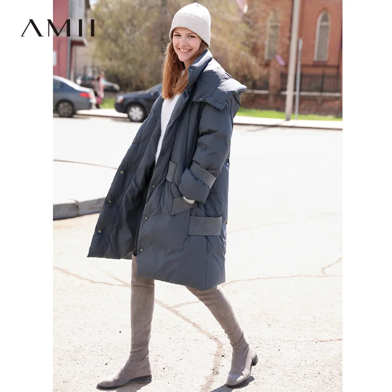 Amii корейский длинный пуховик для женщин зима Повседневный негабаритный 90% белый утиный пух Однотонный женский пуховик с капюшоном пальто