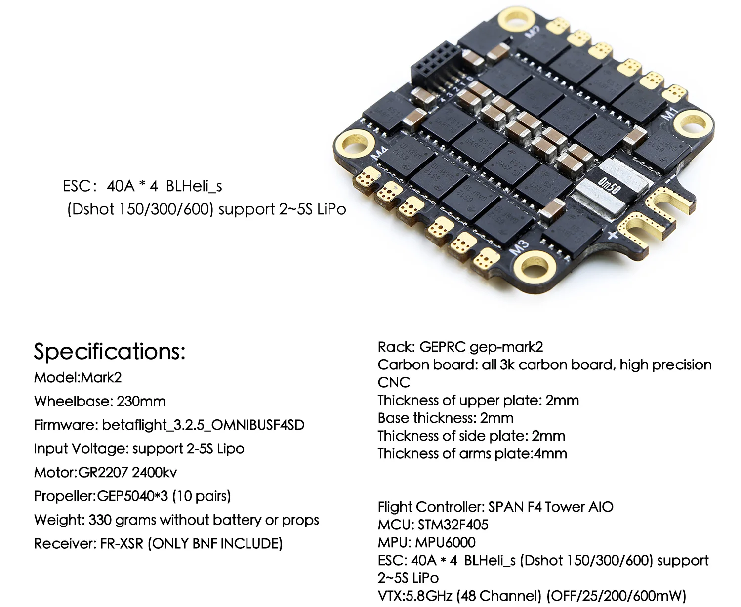 GEPRC Mark2 FPV Бесщеточный RC гоночный Дрон Квадрокоптер с 230 мм 40A BLHeli_s 600TVL полный 3K Углеродное волокно BNF PNP