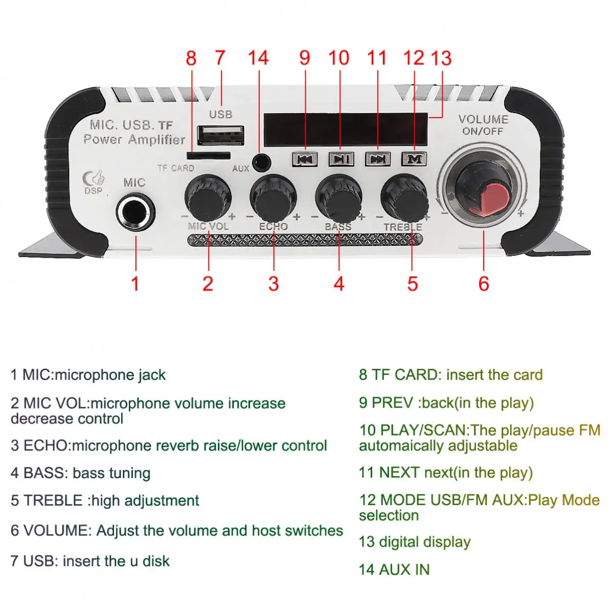 V11 2CH Bluetooth Car Audio Power Amplifier DC12V5A Auto FM Radio Player Support SD/USB/DVD/MP3 Input for Car Motorcycle Home