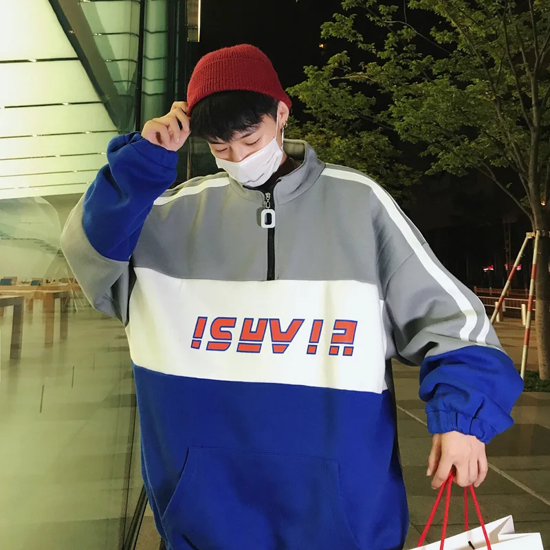 

ZK Color Block Letter Printed Pullover Fleece Half Zipper Sweatshirts Men 2019 Fashion Harajuku Hip Hop Casual Streetwear Male