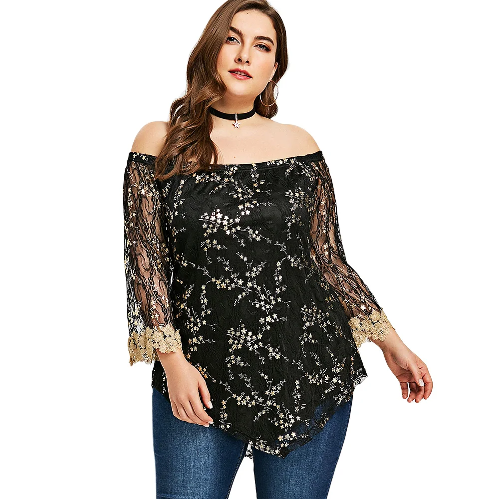 Gamiss Plus Size Glittery Lace Blouse Summer Off The Shoulder Long ...