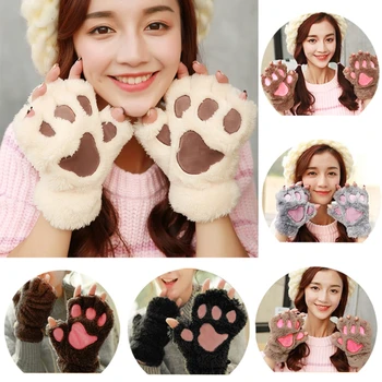 

Winter Women Cute Cat Paw Claw Plush Mittens Short Fingerless Finger Half Gloves