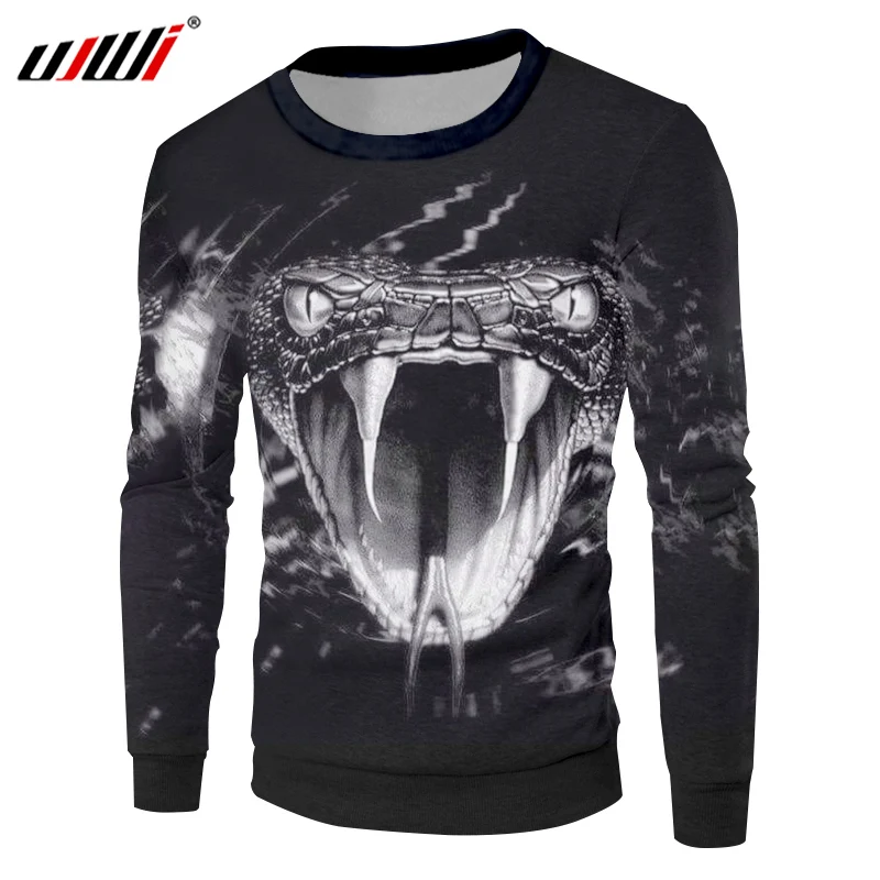 UJWI Hip Hop 3d Sweatshirt For Men Autumn Pullovers Print Snake Cool Sweats Hoodies Homme O Neck Long Sleeve Coats Tops Black