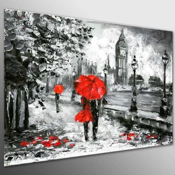 

DIY Framed Canvas Painting Oil Painting Landon Walk Lovers In Red Umbrella Room Decor Picture Framed Painting Cityscape Art