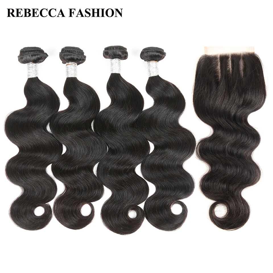 Rebecca 4 Bundles with Closure Body Wave Remy Human hair Bundles PeruvIan Hair Weave 400g 4x4 Lace Closure Hair Extensions body-wave-weave