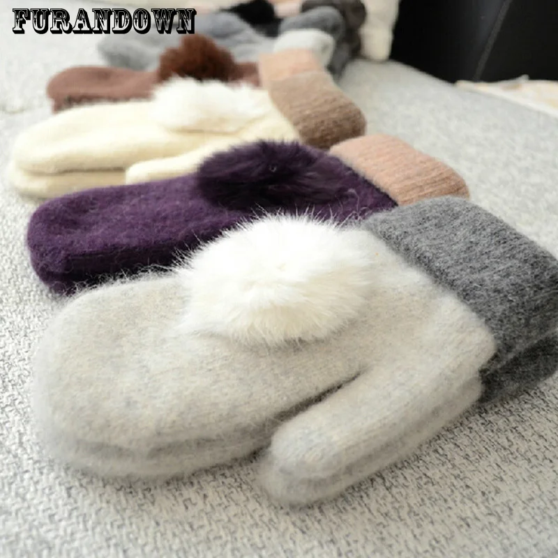 

Women Winter Gloves Warm Knitted Wool Gloves For Girls Real Rabbit Fur Pompom Mittens Fingerless Gloves