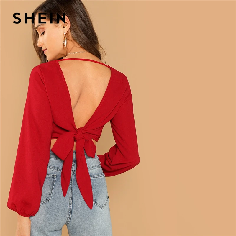 SHEIN красный сексуальный ночной женский топ с рукавом Бишоп с открытой спиной и v-образным вырезом на спине, приталенный Женский пуловер, Осенние современные женские блузки