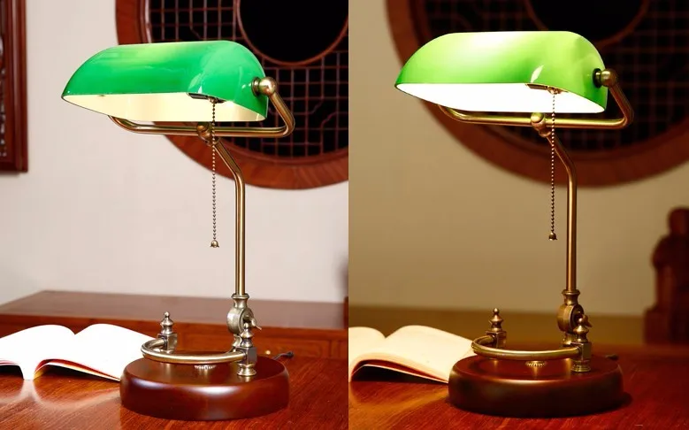 Настольная лампа Bankers, винтажное настольное освещение, светильник из зеленого/желтого стекла, абажур из березового дерева, античный Регулируемый артикуляционный шнур
