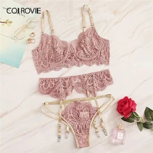 COLROVIE, розовый цветочный кружевной комплект нижнего белья с подвязками, женское нижнее белье,, бюстгальтер на косточках и стринги, комплект нижнего белья