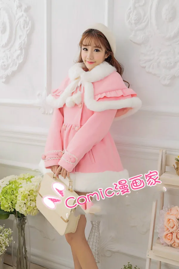 Милое пальто принцессы в стиле Лолиты Bobon21, зимнее теплое шерстяное пальто с помпонами и помпонами кремового цвета c0958