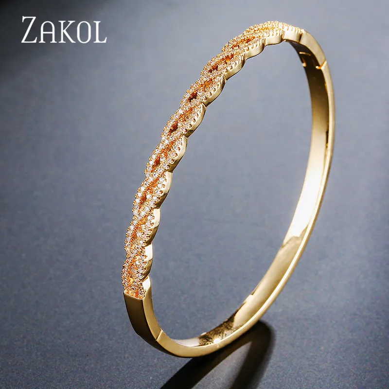 Роскошные браслеты ZAKOL с фианитами ААА, кристаллами розового золота, браслеты для женщин, свадебные украшения FSBP159