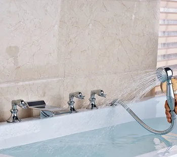 

Modern Chrome Swan Handles Bathtub Faucet Hot Cold Tub Mixer Tap W/ Hand Shower