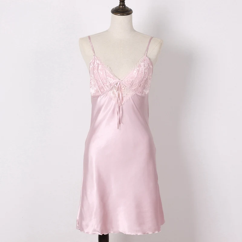 Глубокий V Тонкий Спагетти ремень платье кружева лоскутное имитированный шелк ночные рубашки для женщин Ночная рубашка сексуальная одежда для сна - Цвет: pale pinkish gray