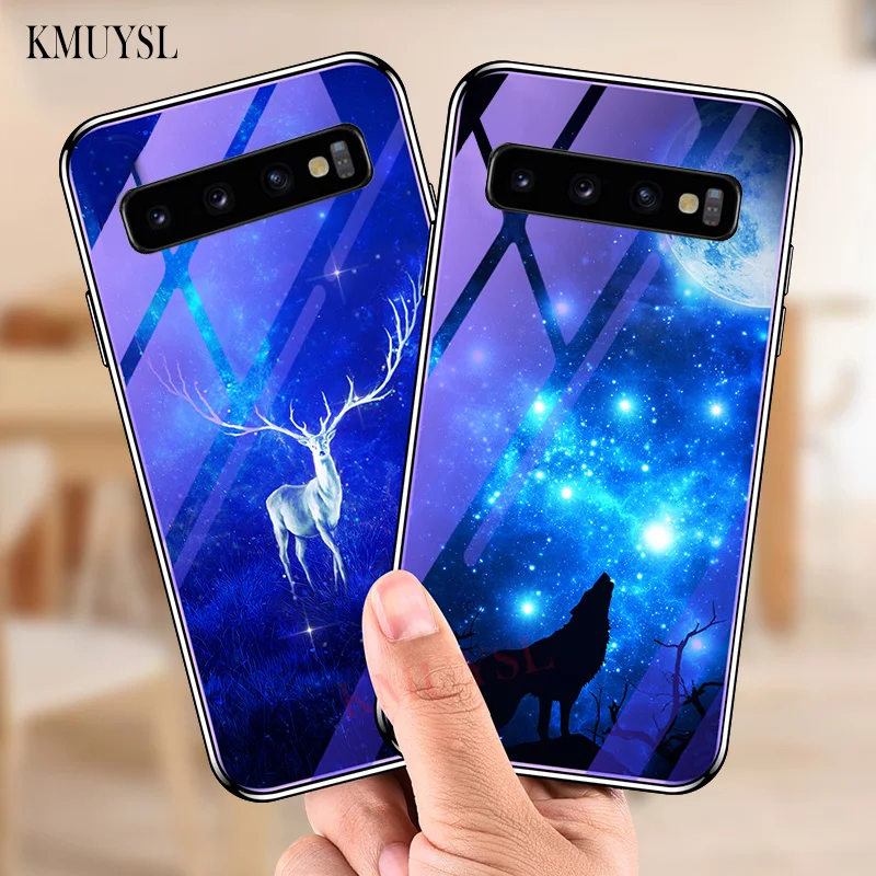 

Blue Light Glass Case For Samsung Galaxy S10 S10 Plus Case Floral Wolf Deer Pattern Cover On For Samsung Galaxy S10 Case Fundas