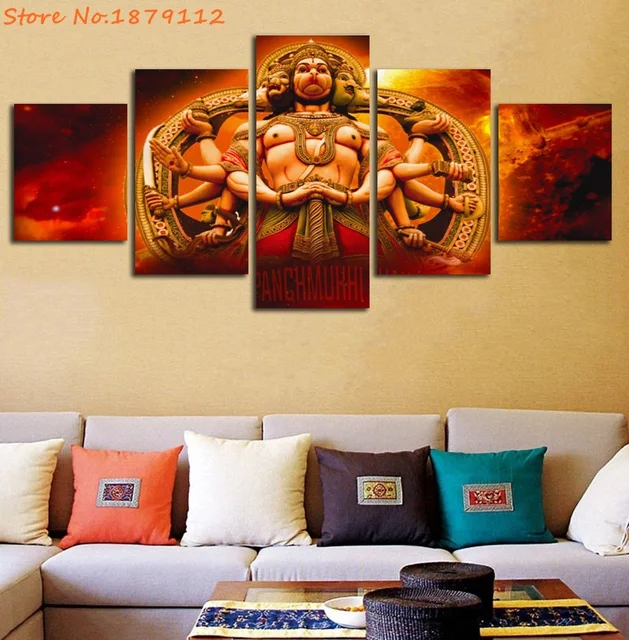 shri panchmukhi hanuman 5 panels painting on canvas unframed