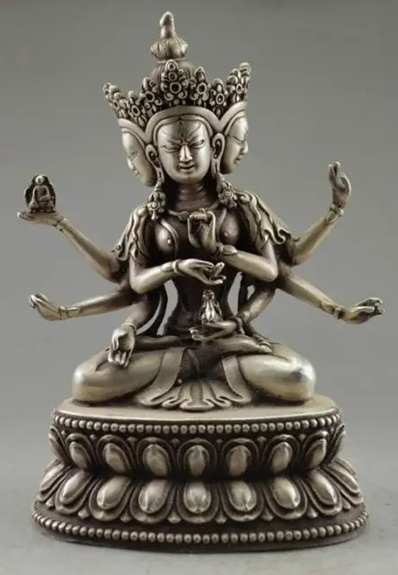 

Decorative old Tibet copper plating silver carved Buddha statue 3 first six arm