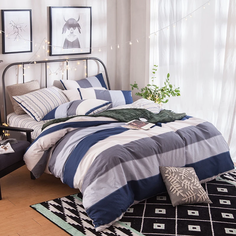 100 cotton blue and white striped lattice Beddingset 4pcs duvet cover