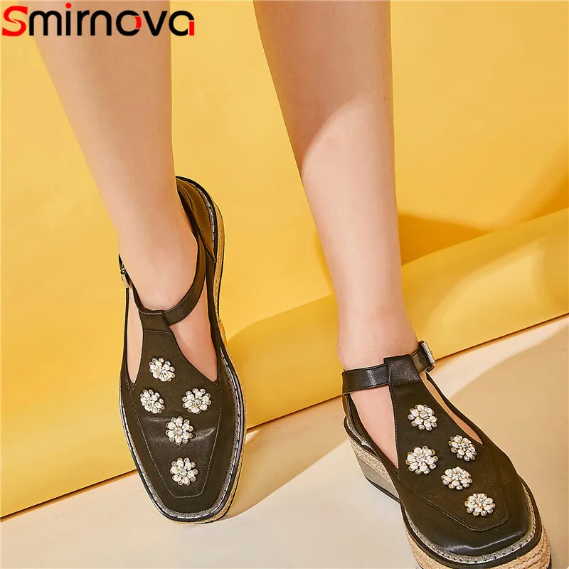 

Smirnova 2020 new pumps shoes women square toe buckle genuine leather shoes elegant platform wedges shoes high heels flowers