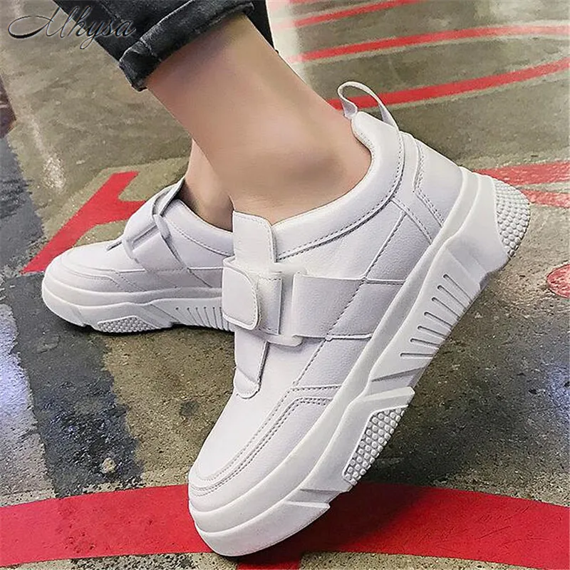 

Mhysa 2019 Women Sneakers Fashion Breathble Vulcanized Shoes Women leather Platform shoes Hook&Loop White Casual Shoes S1218