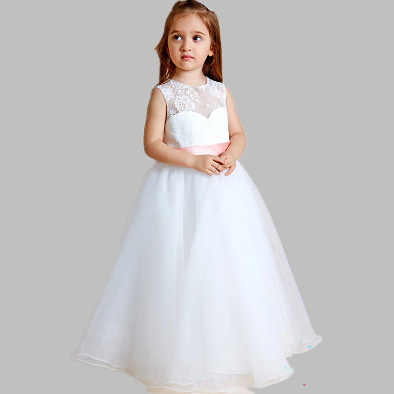 Платье с цветочным узором для девочек; белое платье принцессы без рукавов с кружевной аппликацией для девочек; праздничное платье; Первое Святое Причастие