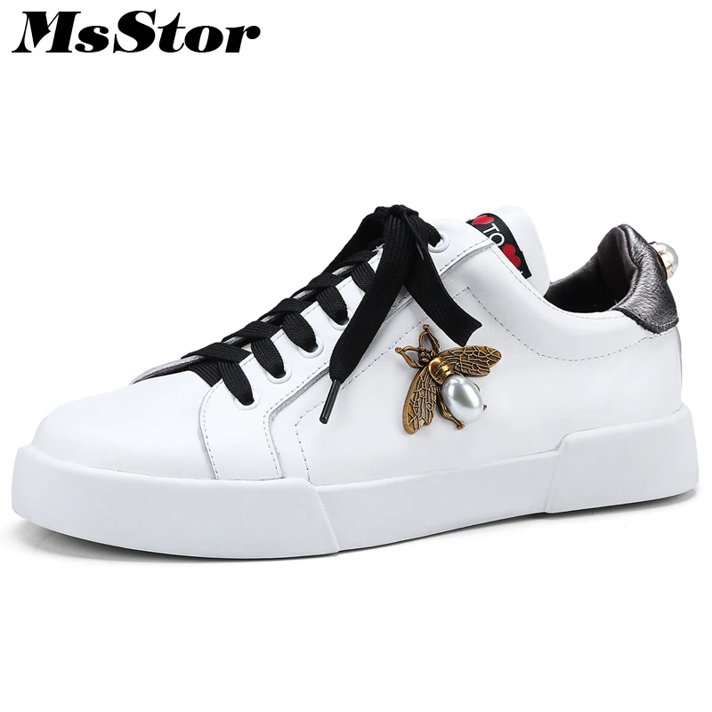 

MsStor Round Toe Cross Tied Women Flats Casual Fashion Ladies Flat Shoes 2018 Spring Metal Decoration Pearl Women's Flat Shoes