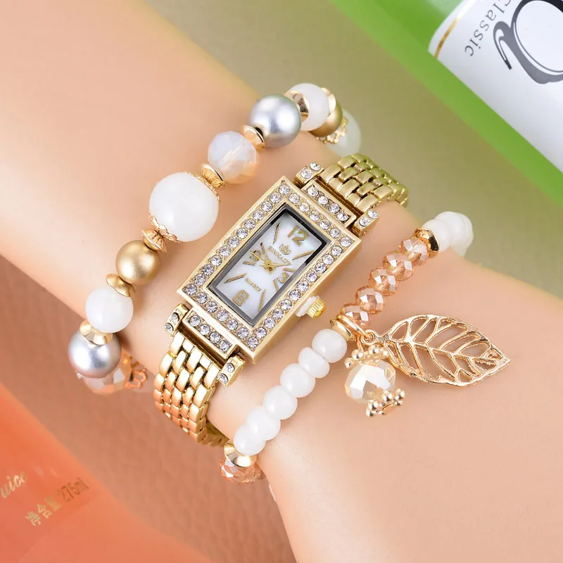 

Luxury Rhinestone Women Watch Jewelry Leaf pendant Bracelet and Gold Quartz Watch Set ladies Dress Wristwatch relogios feminino