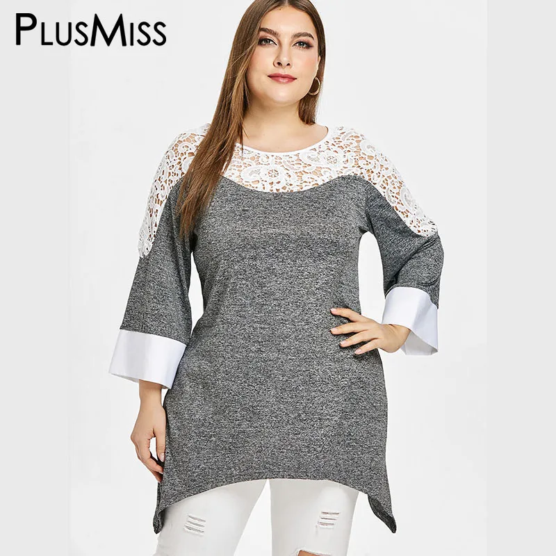 PlusMiss размера плюс XXXXXL цветочный из кружев «кроше» с Длинная блузка женские большие размеры Boho Повседневное Туника Топы XXXXL XXXL XXL Осень Серый