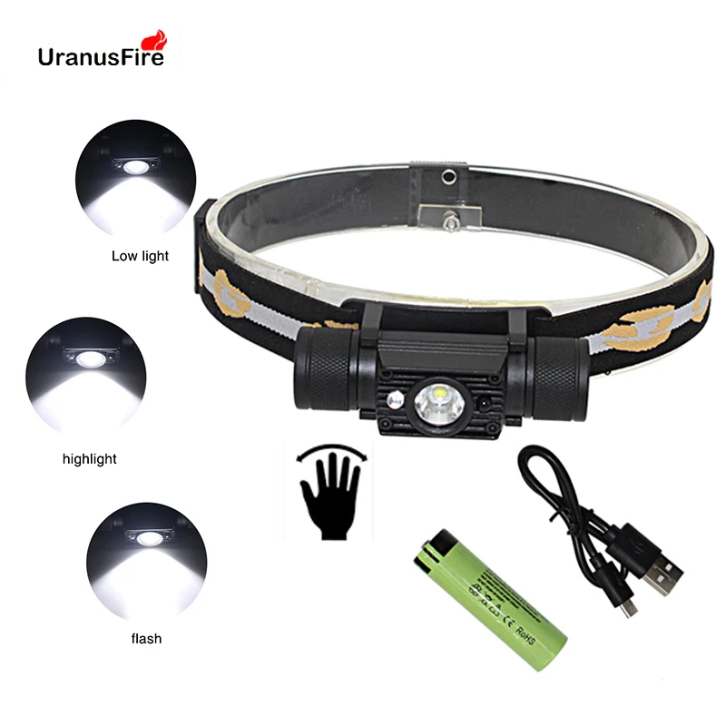 Uranusfire 10w IR Sensor Induction Headlamp 1200Lm XM L2 LED USB Rechargeable Headlight by 18650 Battery Head light Torch 
